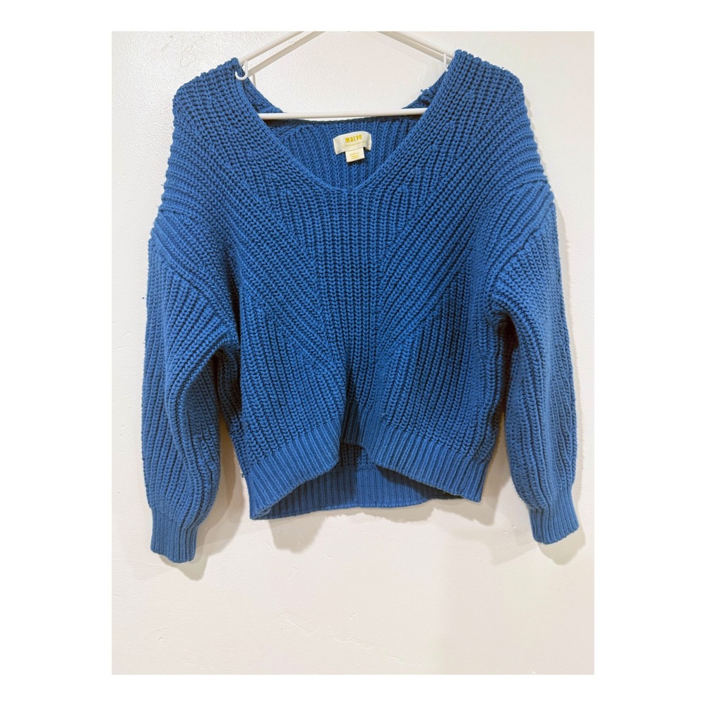 Maeve Anthropologie Womens Blue V-Neck Chunky Knit Chevron Ribbed Sweater Small